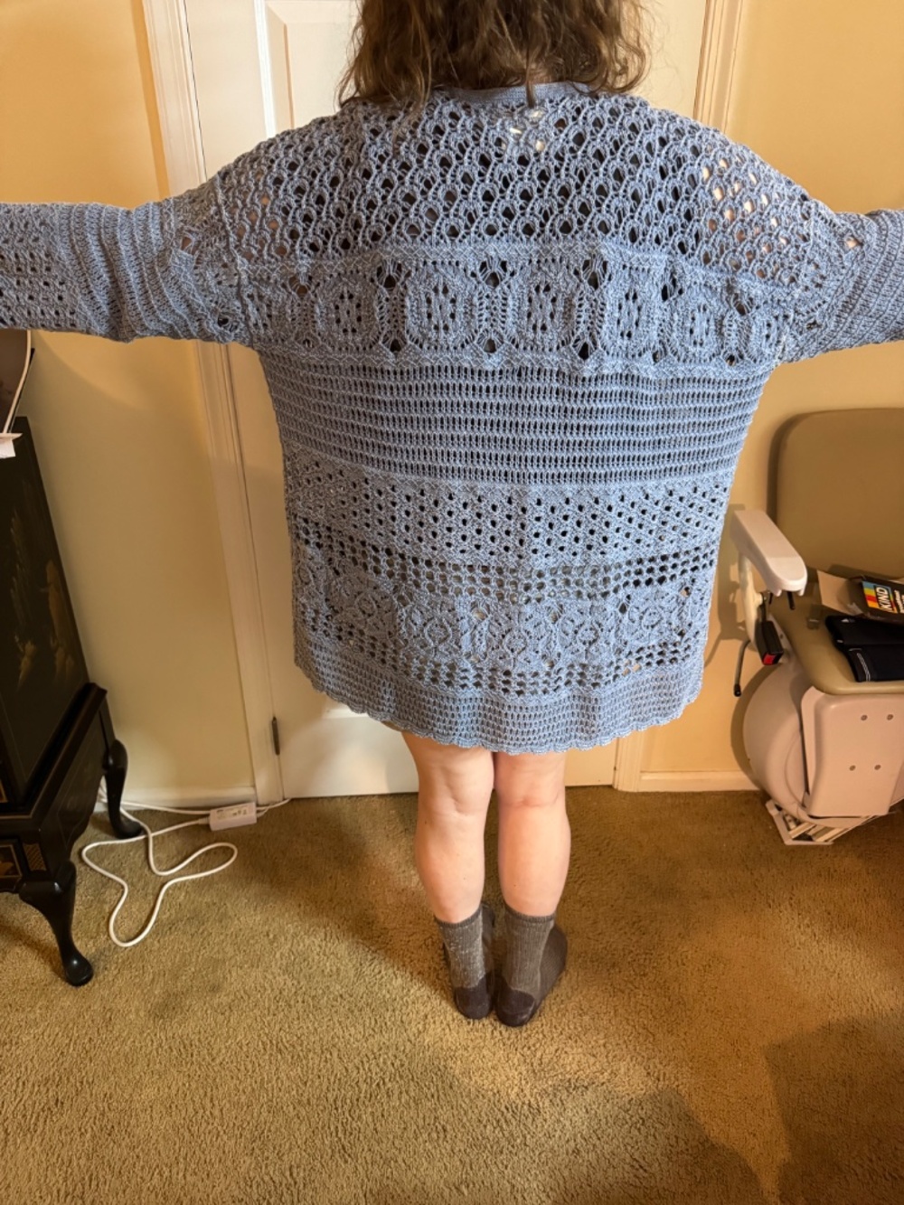 Lucky Brand Blue Crochet Open Front Cardigan Sweater XL Boho Cotton - Picture 3 of 8